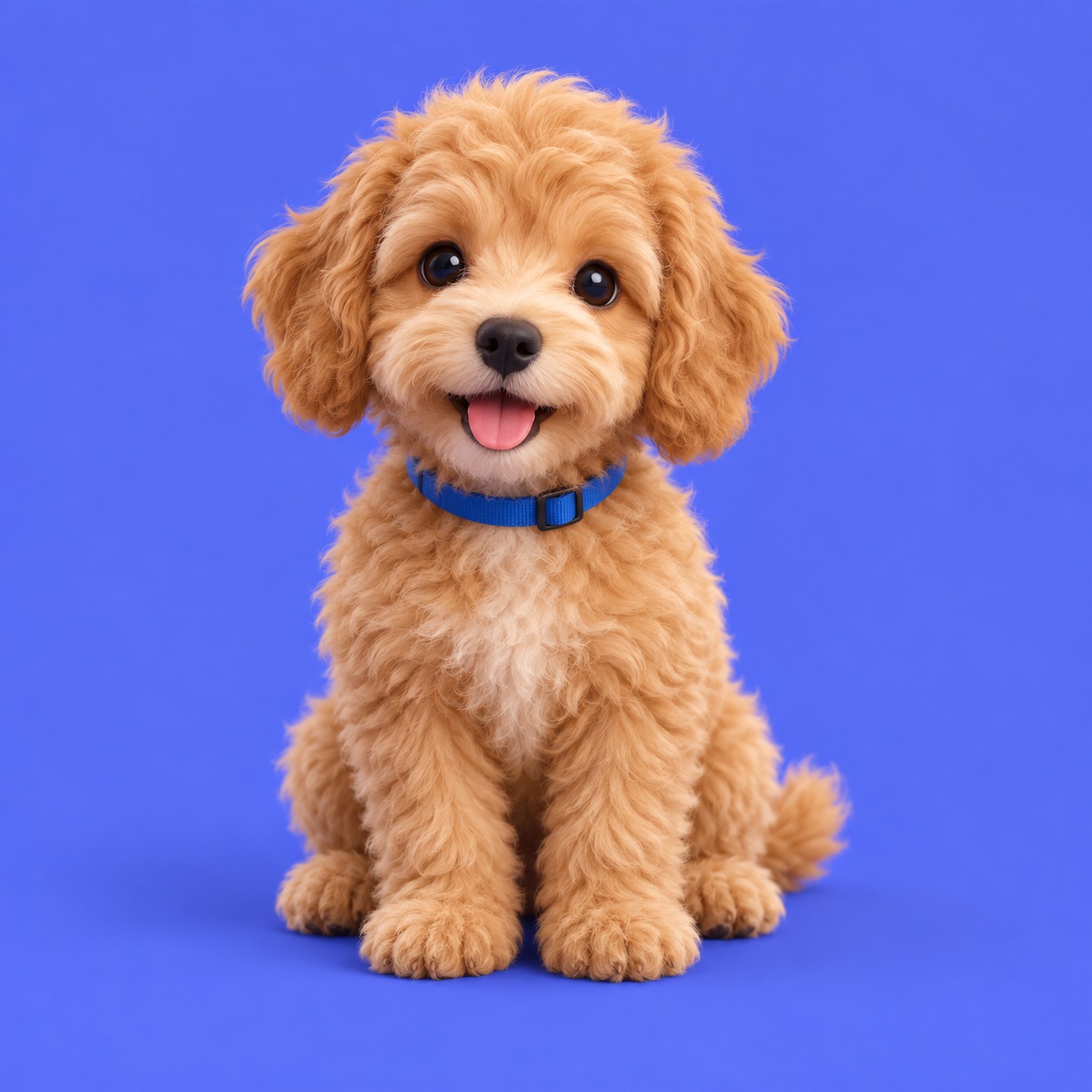 Puchku, a fluffy golden puppy with a blue collar, ready to say hello